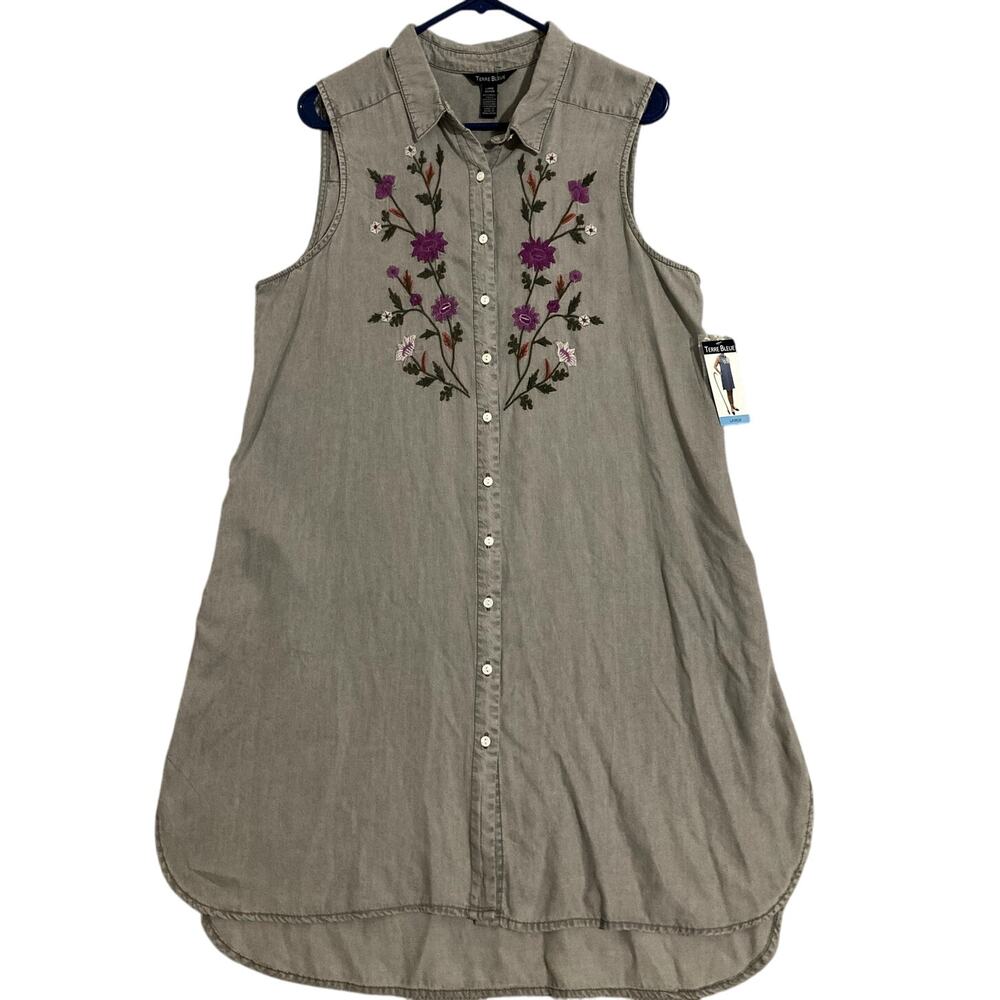 Terre Bleue Sleeveless Dress Women's Large Gray Floral Button Up‎ Embroidered